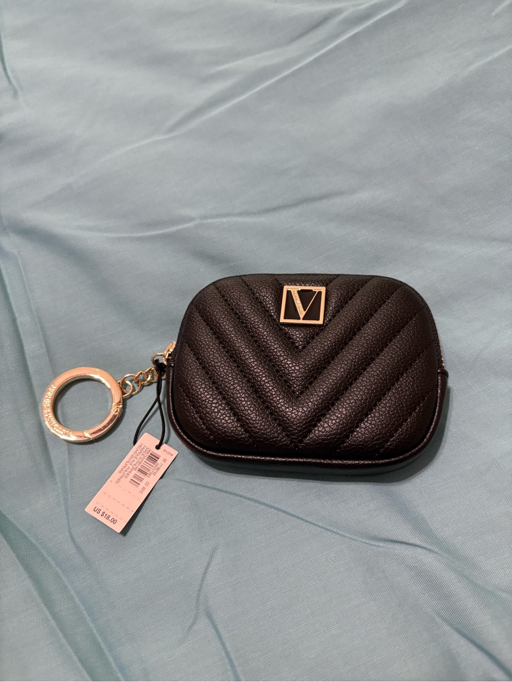 NWT Victoria Secret Black Quilted Zip Pouch Keychain with Gold V Logo